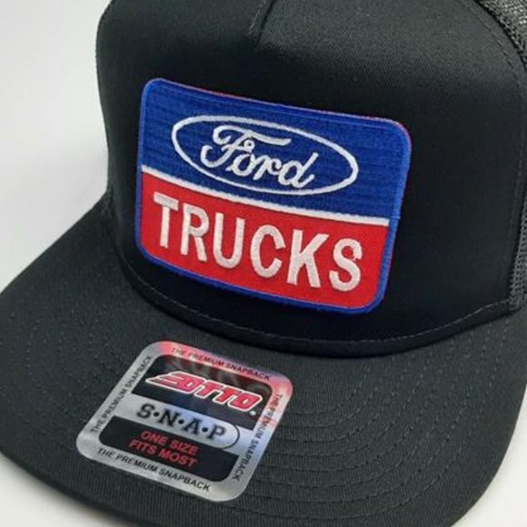 Ford Trucks Retro Flat Bill Baseball Cap Hat Embroidered Patch Mesh Black F150 - Picture 1 of 5